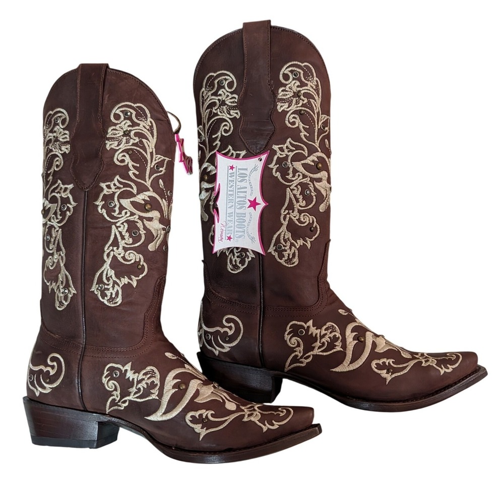 Los Altos Boots‎ Womens Brown Leather Floral Embroidered Snip Toe Western 8.5